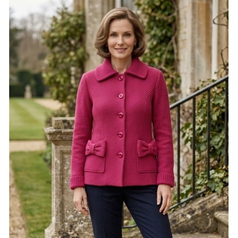 Anthropologie Tabitha Jacket L Pink Wool Blend Bow Pocket Knit Collar Cuffs Coat
